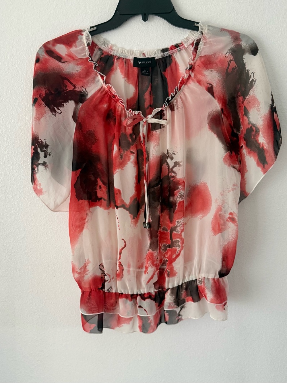 AB Studio Red and White Watercolor Peasant Blouse